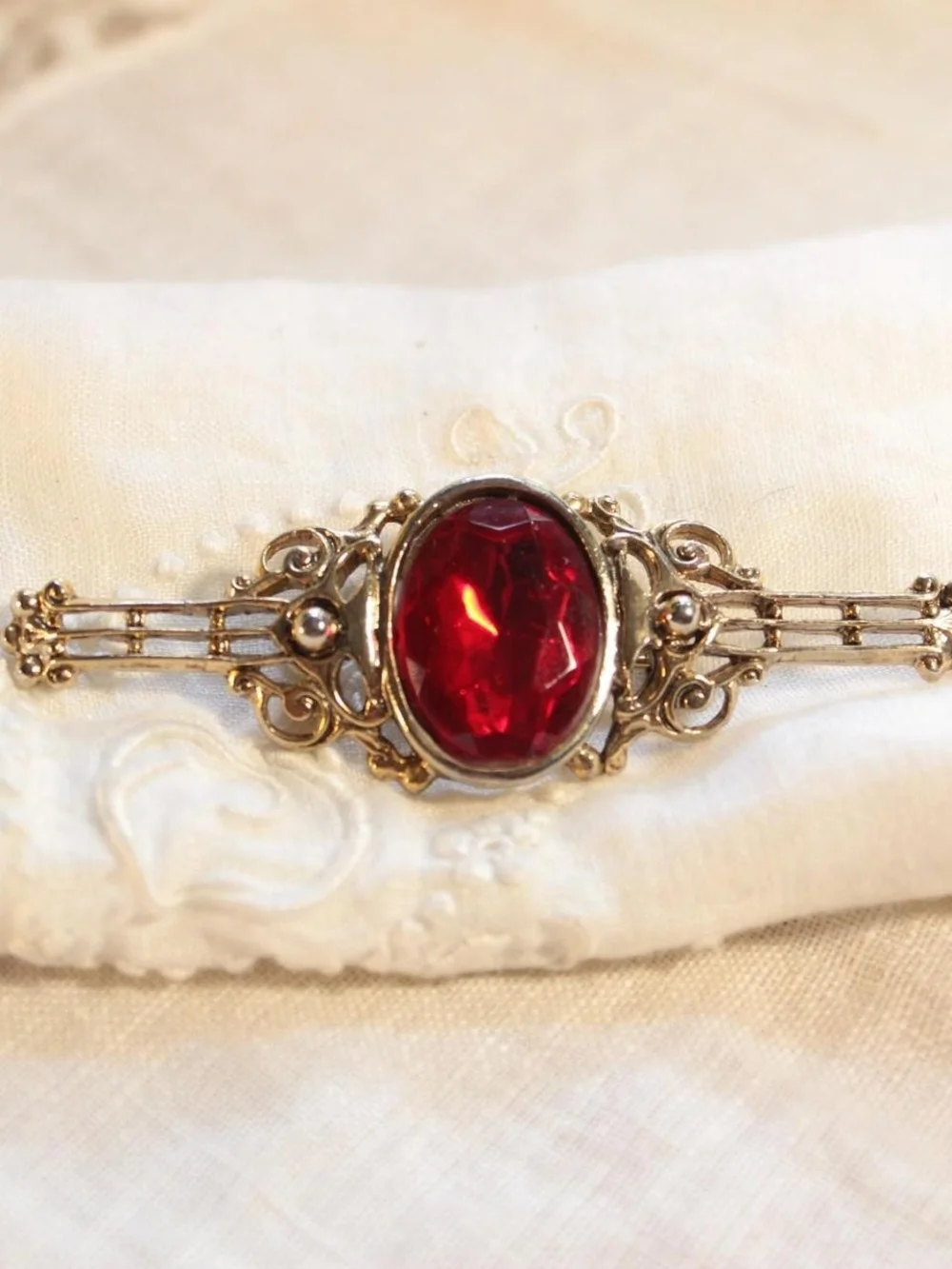Victorian Style Ornate Gold Red Glass Stone Brooch